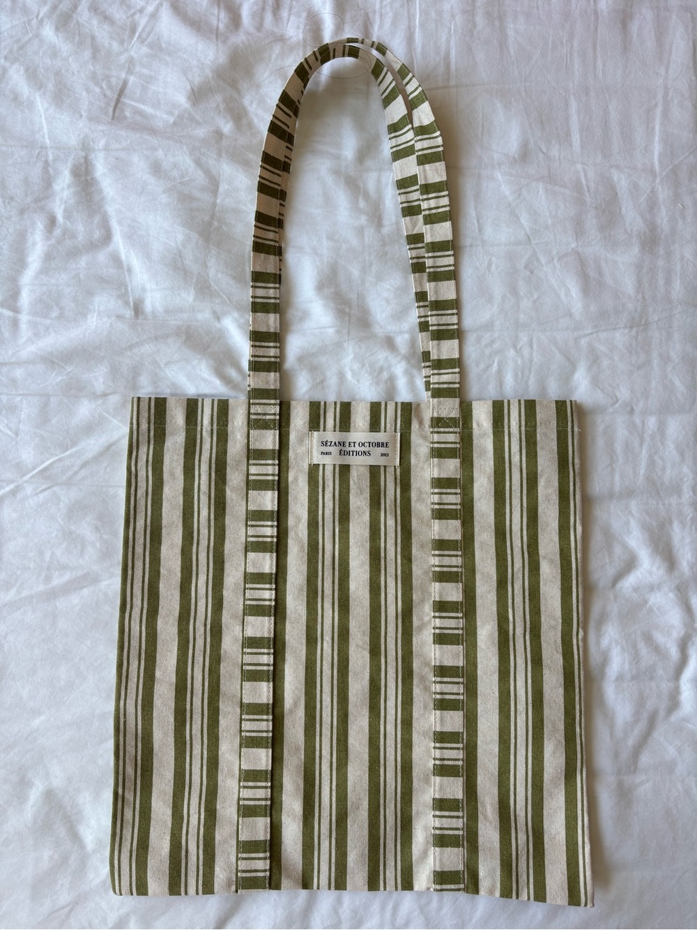 Sezane green white stripe tote